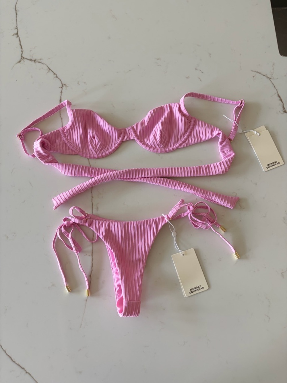 Monday Swimwear Cherry Blossom Pink Ribbed Bikini (Top size S Bottom size XS)